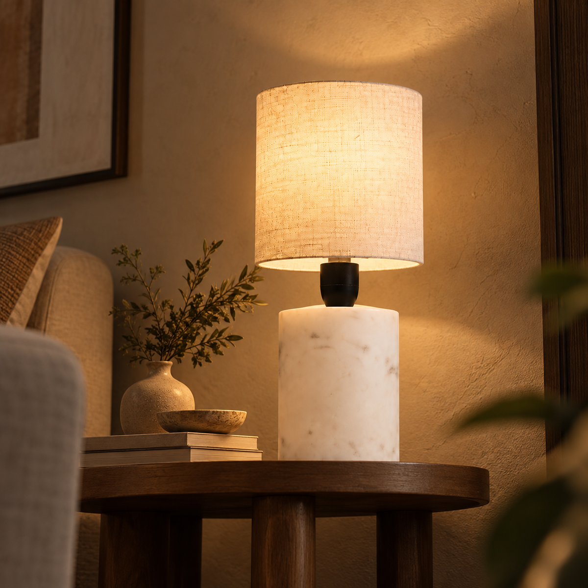 Aurevia Marble Table Lamp | Textured Linen Shade | Modern Bedside & Ambient Light
