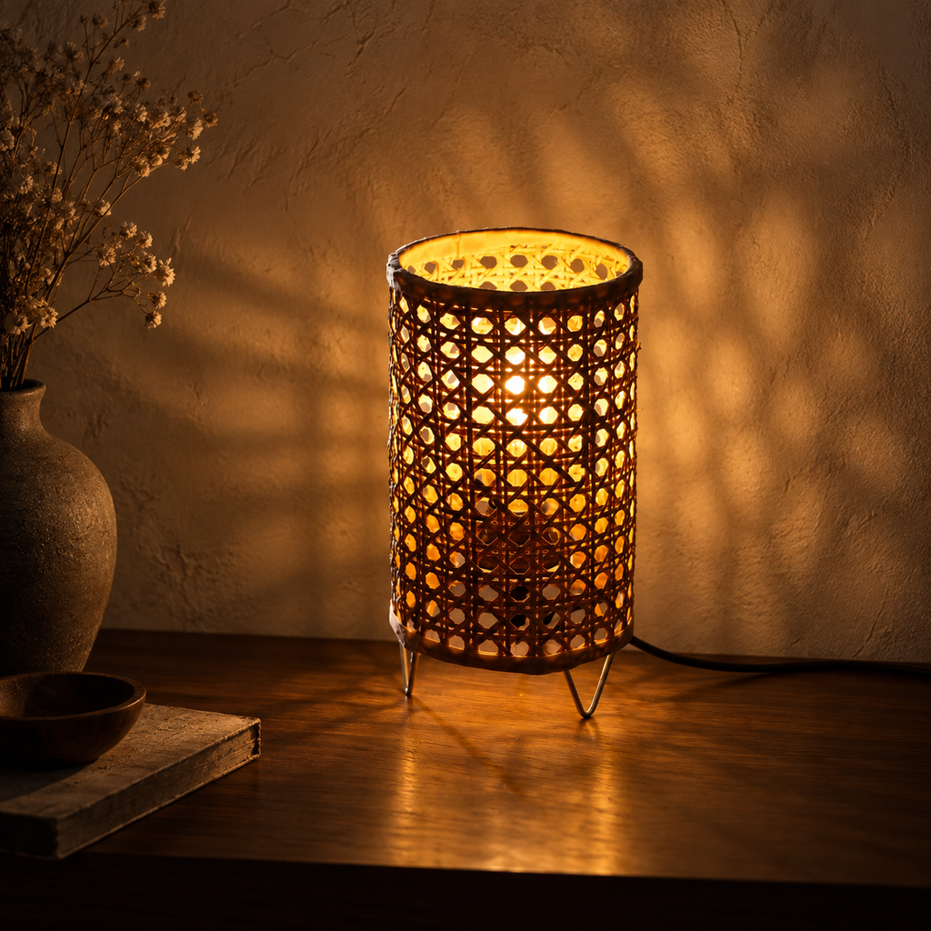 Saanvi Rattan Weave Table Lamp | Handmade Bamboo & Cane Light | Scandinavian Boho Home Decor