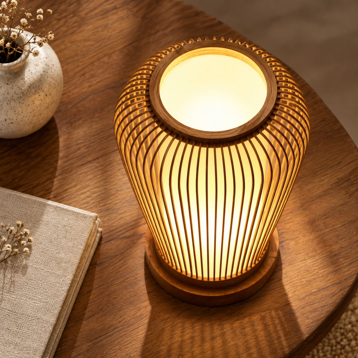 Evara Weave Table Lamp | Handmade Bamboo & Cane Table Light | Scandinavian Boho Decor
