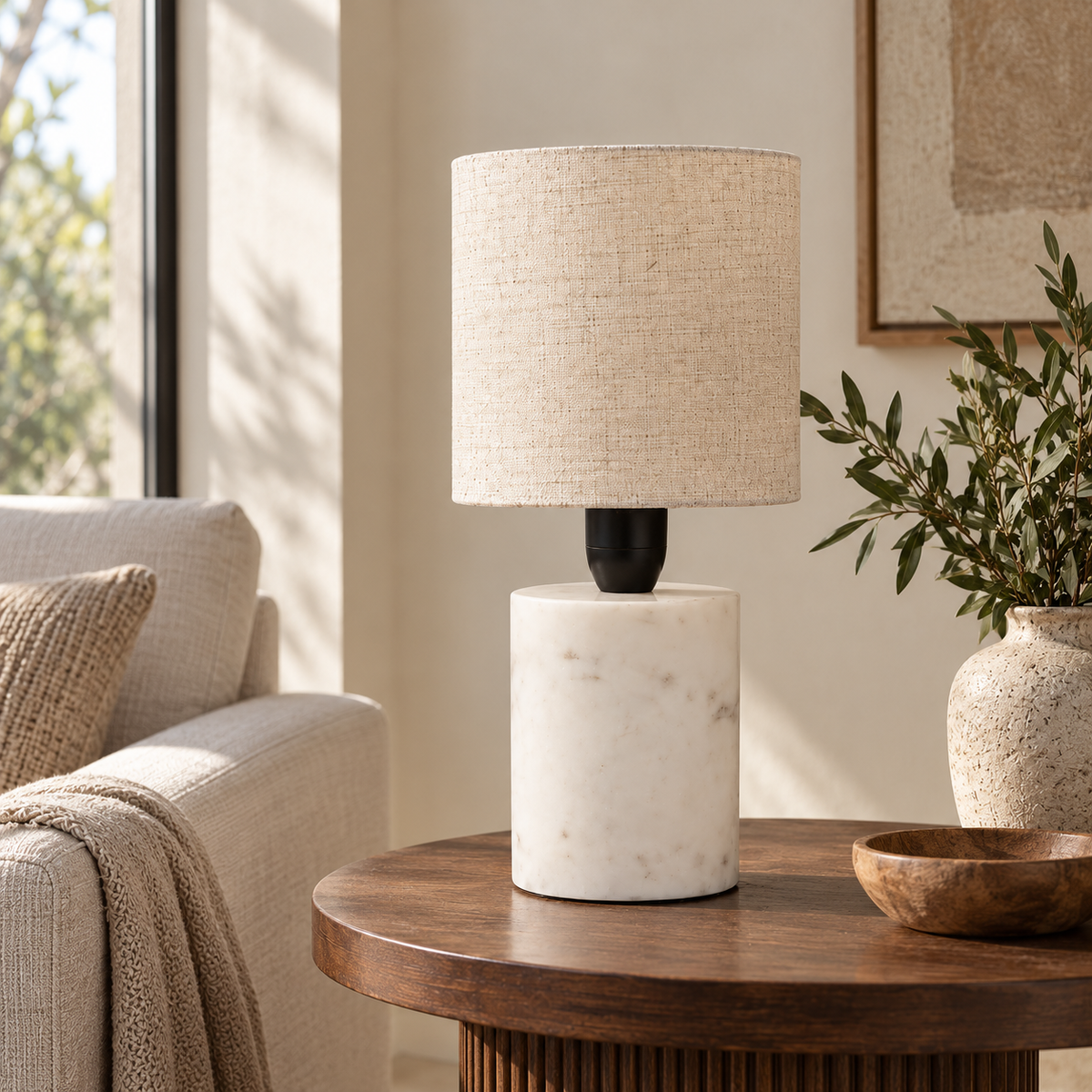 Aurevia Marble Table Lamp | Textured Linen Shade | Modern Bedside & Ambient Light