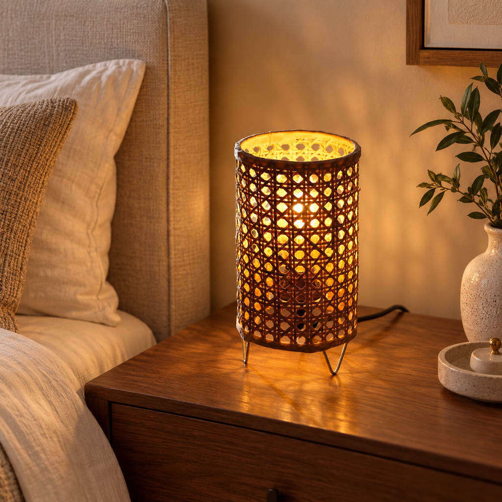 Saanvi Rattan Weave Table Lamp | Handmade Bamboo & Cane Light | Scandinavian Boho Home Decor