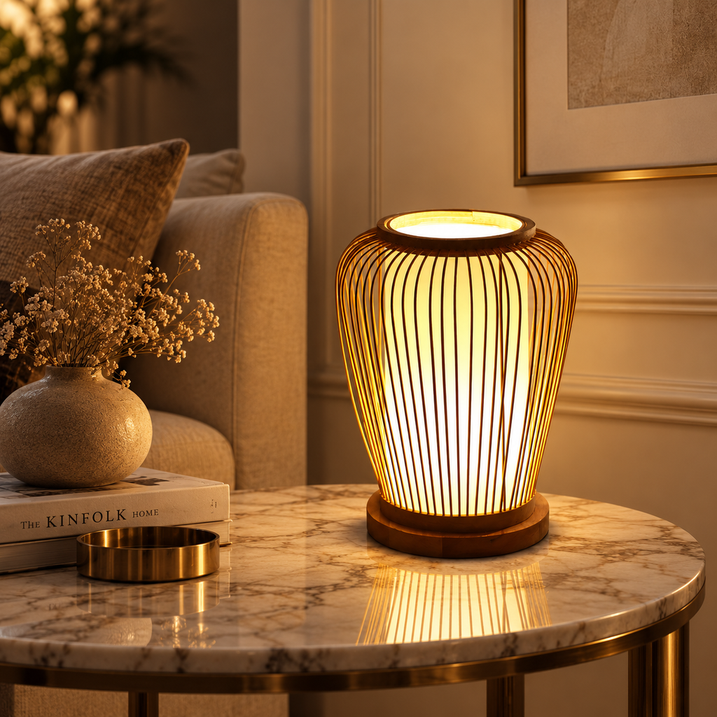 Evara Weave Table Lamp | Handmade Bamboo & Cane Table Light | Scandinavian Boho Decor