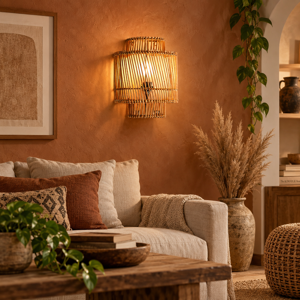 Ishara Rattan Arc Wall Lamp | Handmade Rattan Wall Light | Boho Home Decor