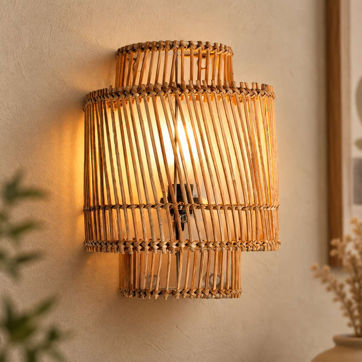 Ishara Rattan Arc Wall Lamp | Handmade Rattan Wall Light | Boho Home Decor