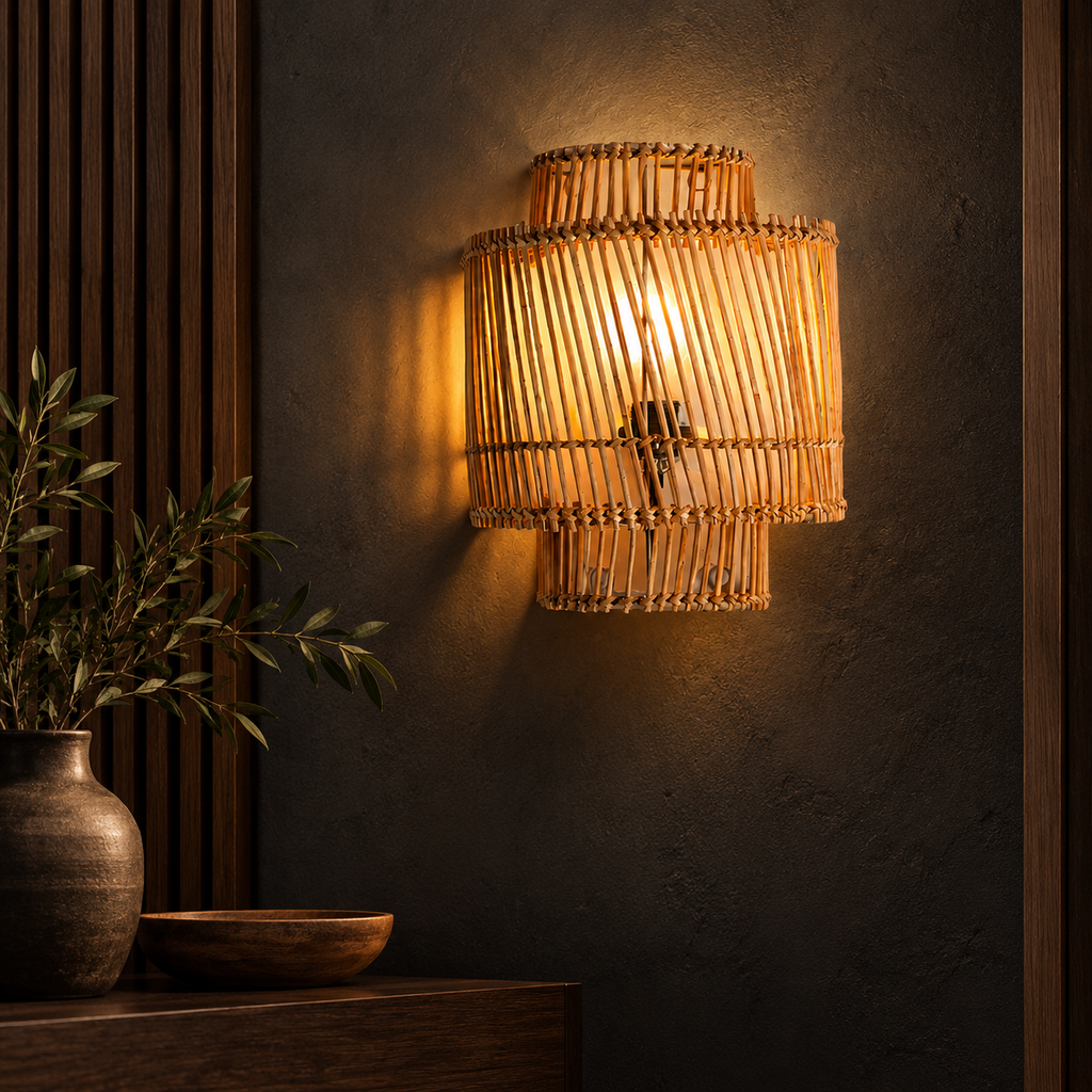 Ishara Rattan Arc Wall Lamp | Handmade Rattan Wall Light | Boho Home Decor